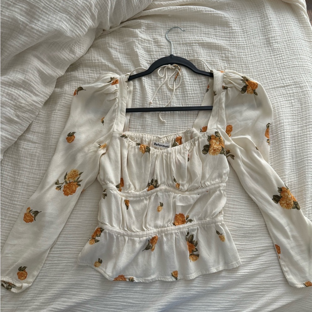Reformation Cream Blouse with Orange Floral Long sleeve